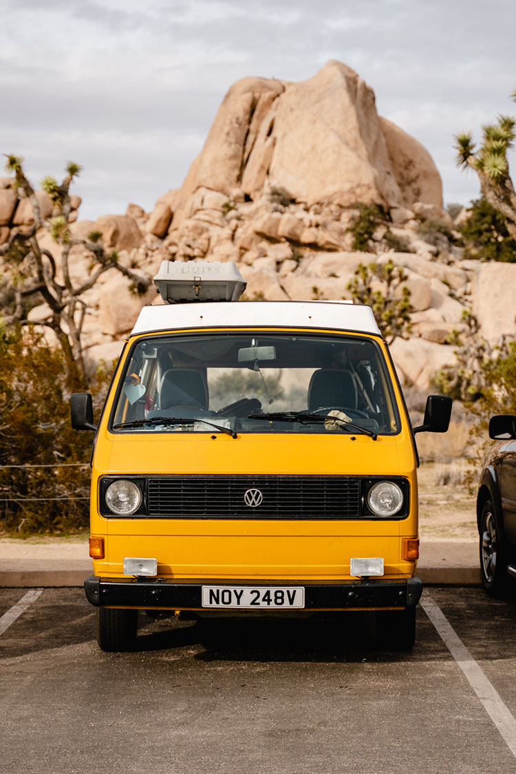 Yellow VW Westfalia in Joshua Tree National Park